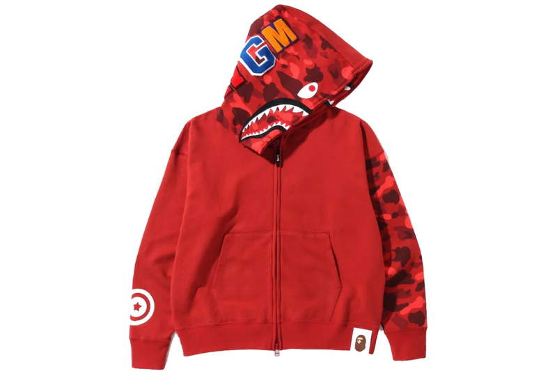 Bape Color Camo Giant Shark Loose Fit Full Zip Hoodie Red 001ZPI301018 Sport Tech