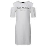 Balmain Girl's Cut-Off Shoulder Dress White BS1B11-X0001-100