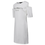 Balmain Girl's Cut-Off Shoulder Dress White BS1B11-X0001-100